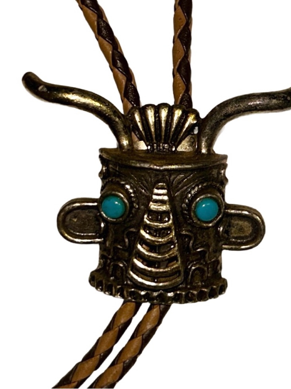 1980’s ~ Native American Style Kachina Mask ~ Bronze Metal W/ Turquoise Bolo Tie